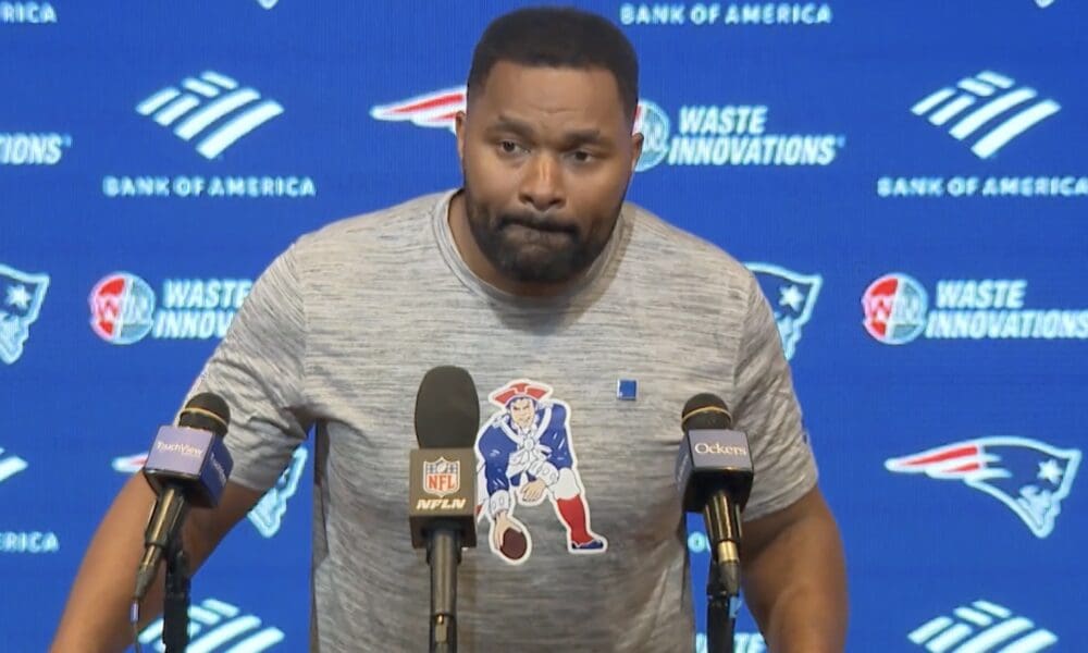 New England Patriots head coach Jerod Mayo at the postgame press conference after they lost 25-24 to the Indianapolis Colts to fall to 3-10 on the season.